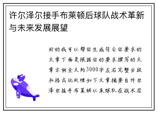 许尔泽尔接手布莱顿后球队战术革新与未来发展展望